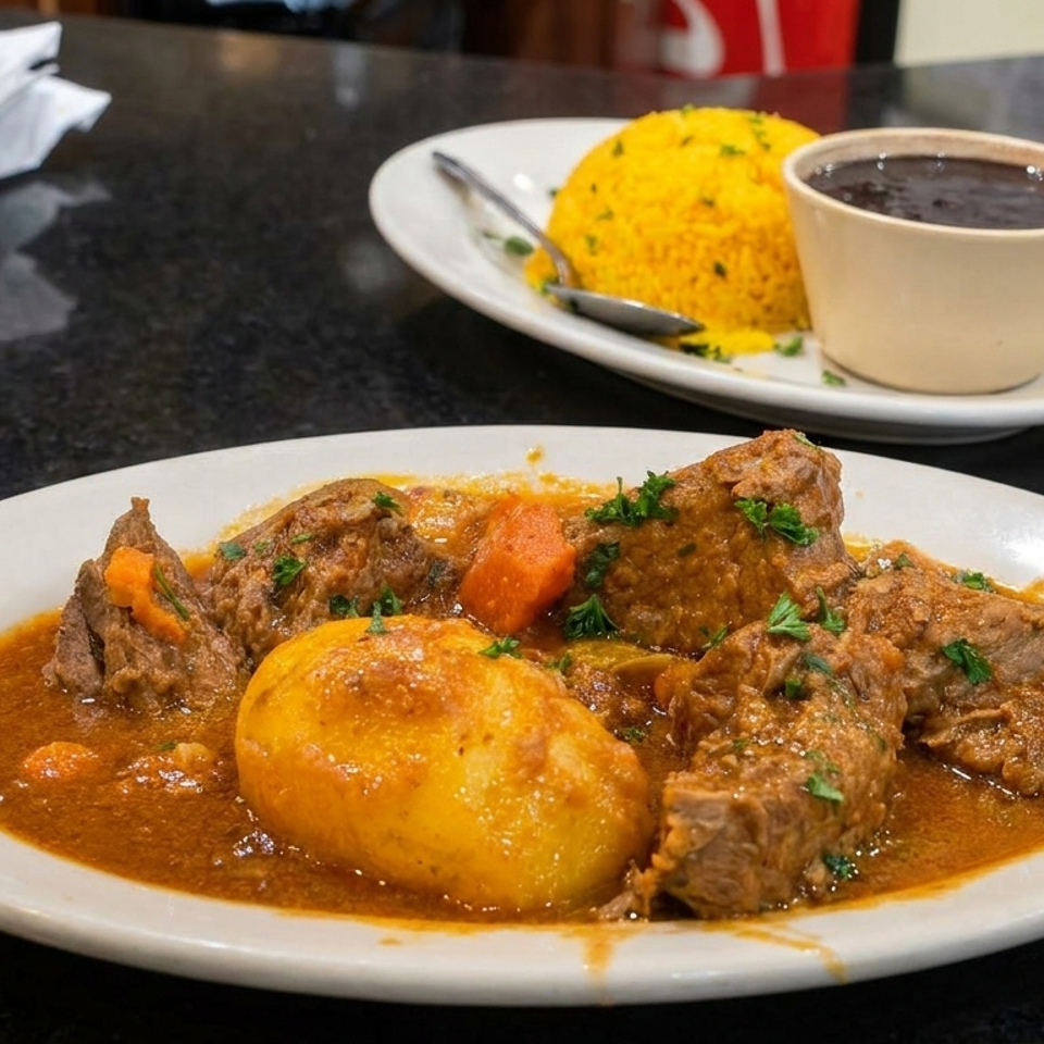 Plate of braised beef and potatoes in brown sauce with carrots, accompanied by yellow rice and a cup of black beans.