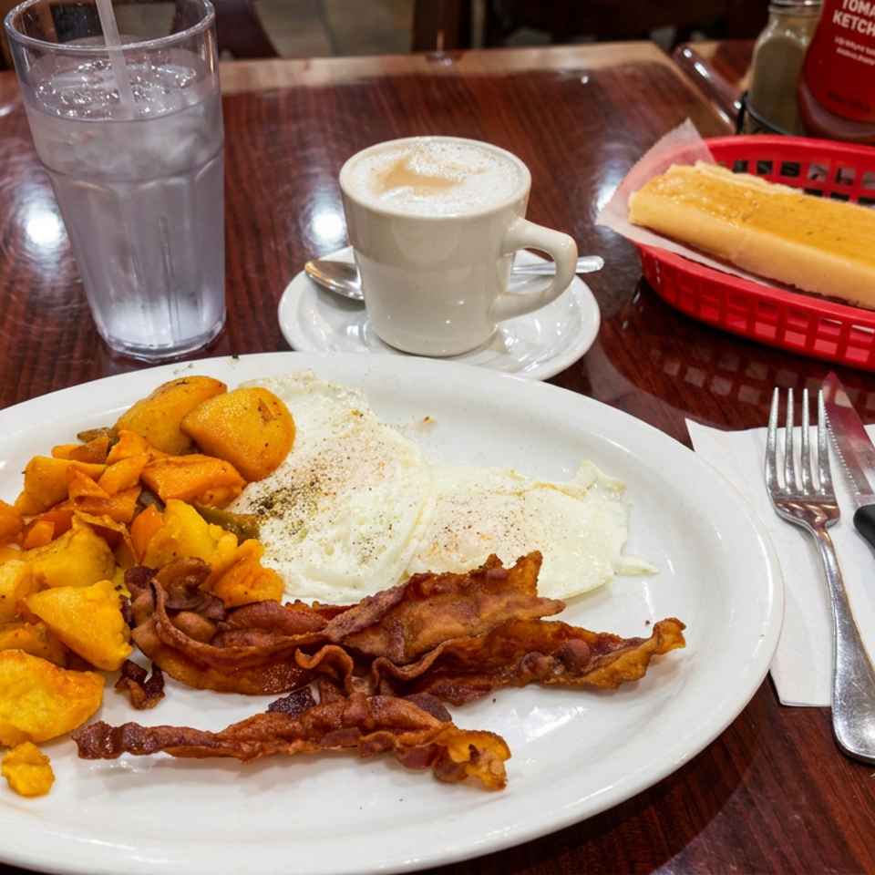 Diner table featuring bacon, fried eggs, seasoned breakfast potatoes, coffee, water, and a basket of bread.