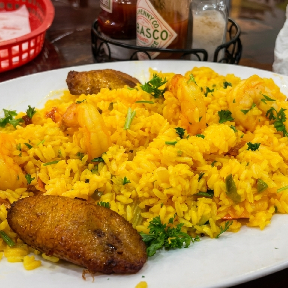 Large plate of yellow rice with shrimp, fried plantains, and parsley on a restaurant table with hot sauce nearby.