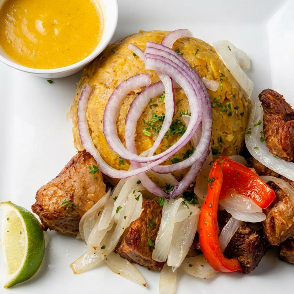 Grilled meat and vegetables with rice, red onion, peppers, lime wedge, and golden dipping sauce on a white plate.